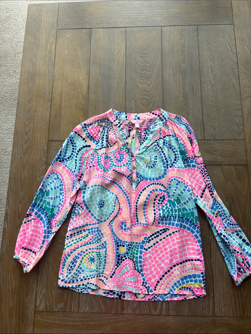 Women's Pink & Blue Patterned Elsa Long-Sleeve Blouse